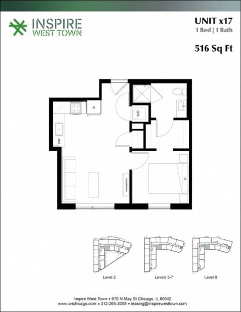 Floor plan for 1 bed, 1 bath, 516 sqft